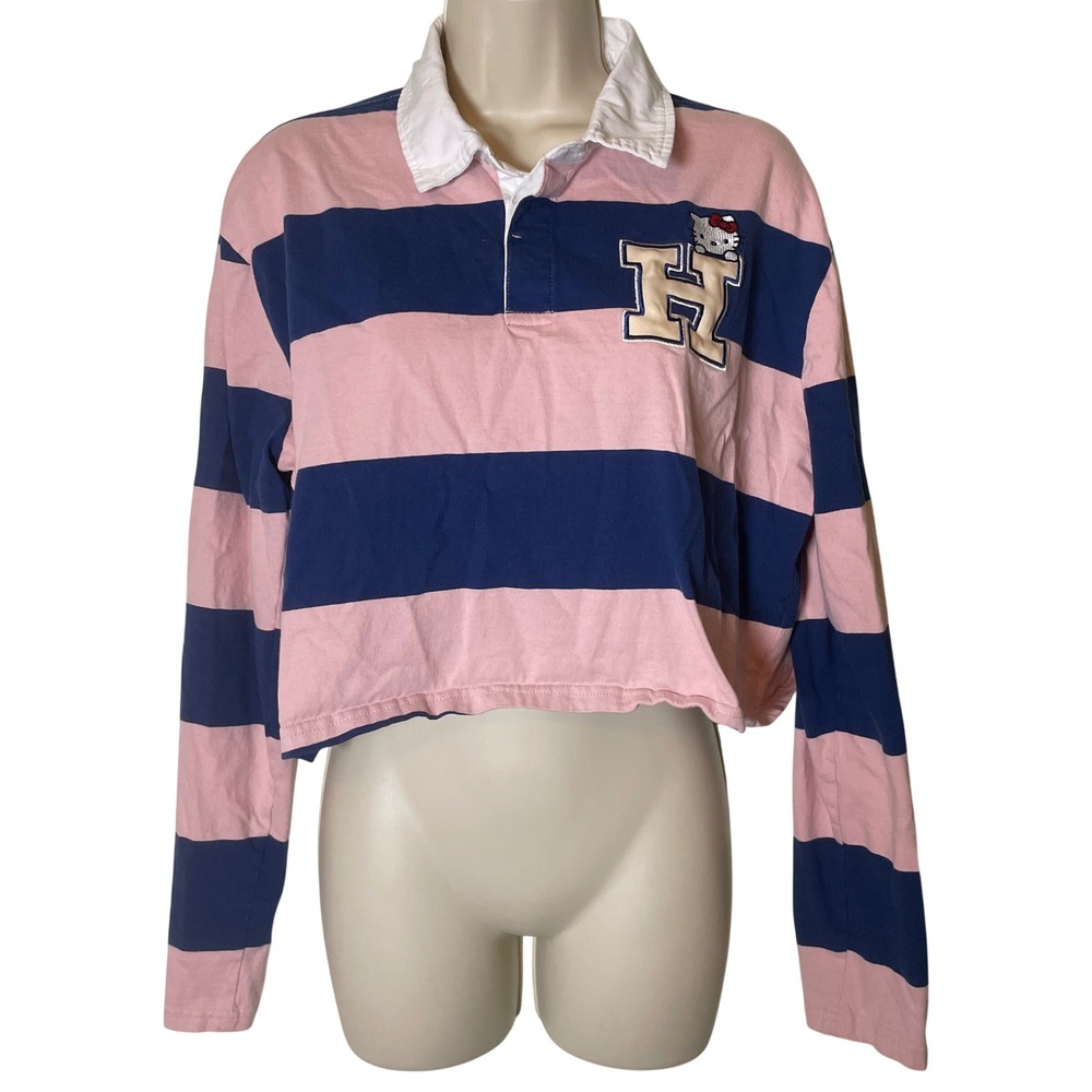 Hello Kitty Aeropostale Pink Navy Striped Cropped Rugby Shirt Large